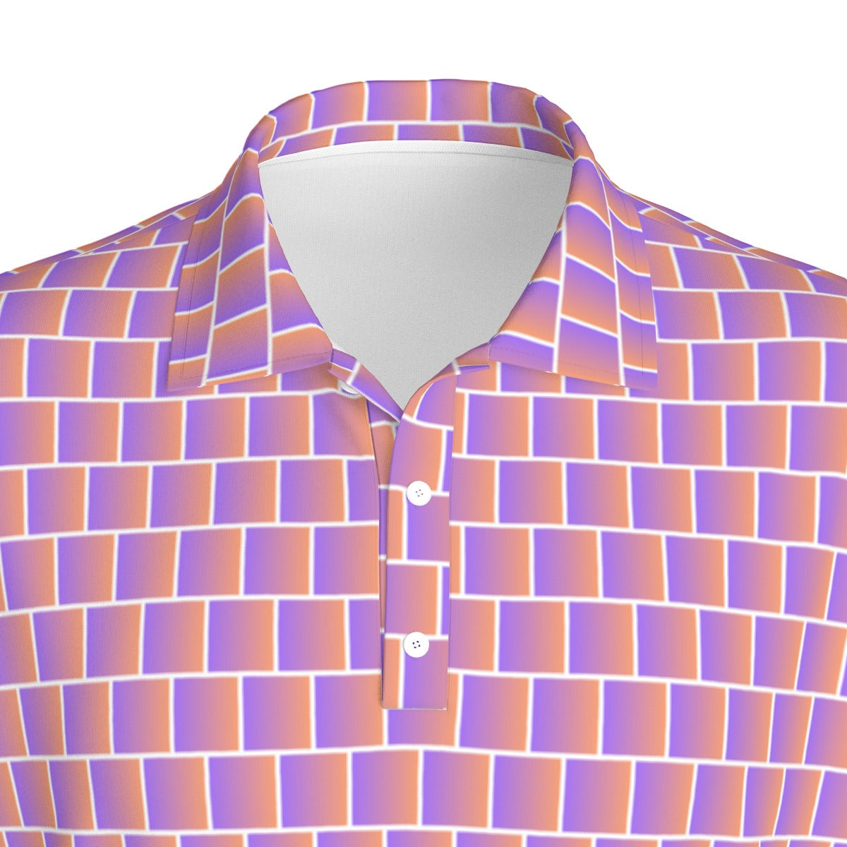 Not Bad Pretty Good Sunset Shuffle golf polo displayed on a hanger, featuring vibrant sunset colors and casual fit.