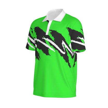 Nuclear Jazz golf polo by Not Bad Pretty Good, featuring a stylish design and collar, displayed on a hanger.
