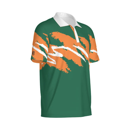 Gables Green Jazz Golf Polo by Not Bad Pretty Good, featuring a collared design and vibrant green fabric, displayed on a hanger.