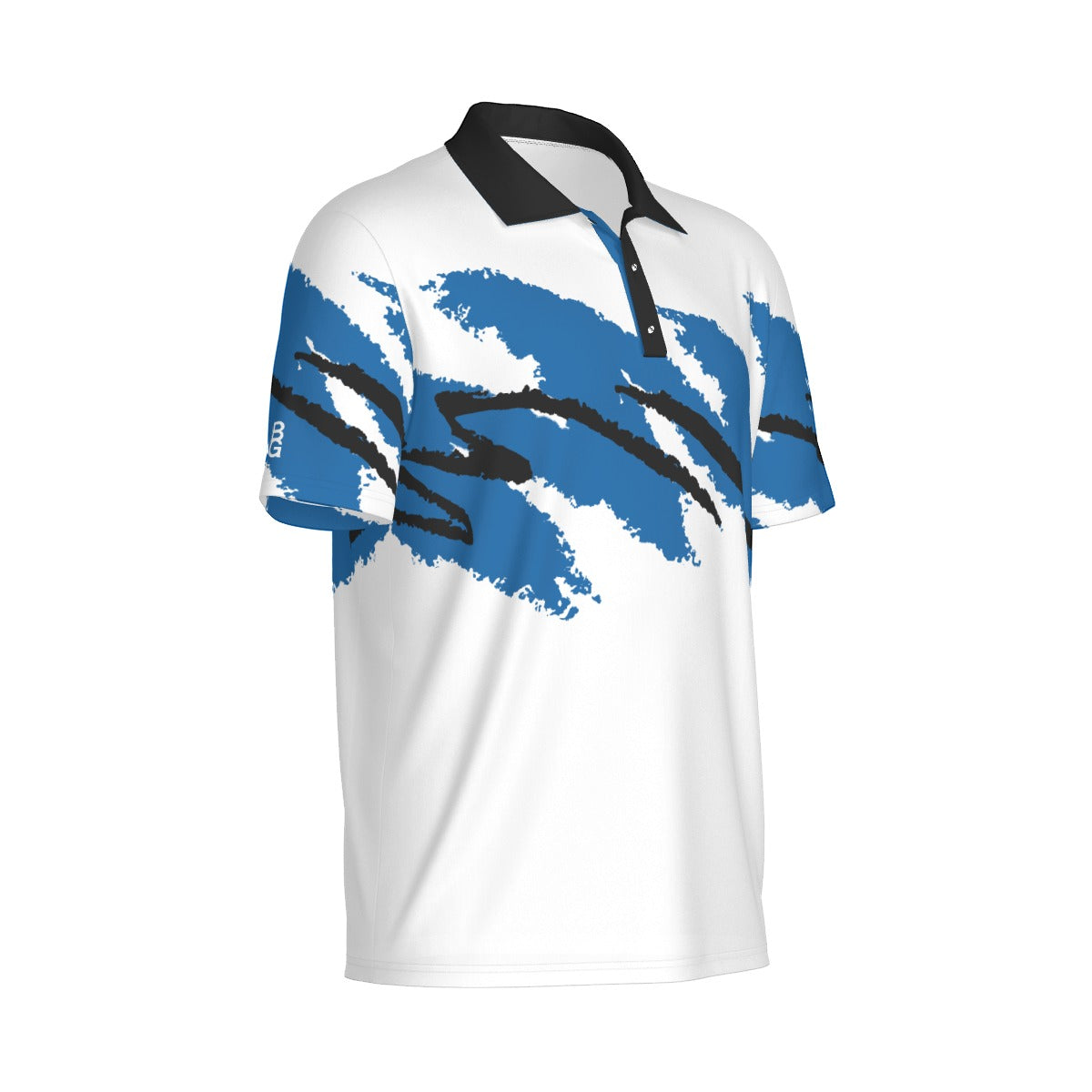 White Magic Jazz Golf Polo by Not Bad Pretty Good, close-up of the white polo shirt with collar and logo detail.