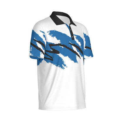 White Magic Jazz Golf Polo by Not Bad Pretty Good, close-up of the white polo shirt with collar and logo detail.