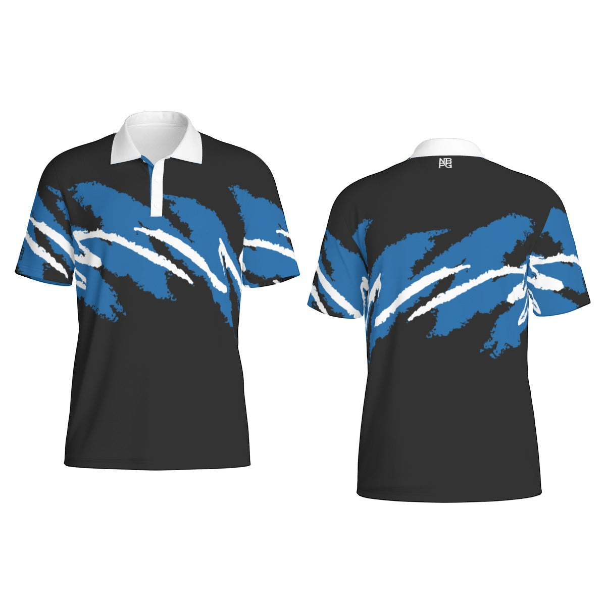 Men's Durham Nights Jazz golf polo by Not Bad Pretty Good, featuring a stylish navy and white design with a collar and short sleeves.