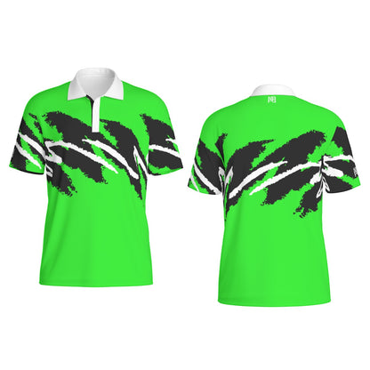 Nuclear Jazz Golf Polo by Not Bad Pretty Good displayed on a hanger, featuring a vibrant design and classic collar.