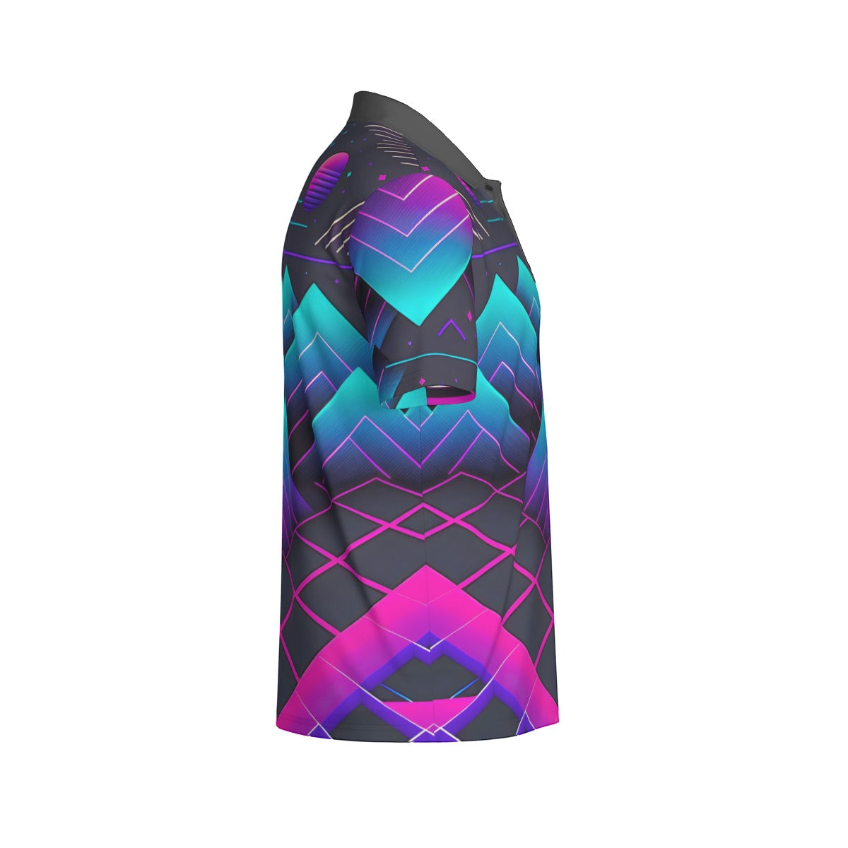 Yoycol Miami Slice Retro Polo shirt with colorful geometric pattern, classic collar, and short sleeves on a plain background.