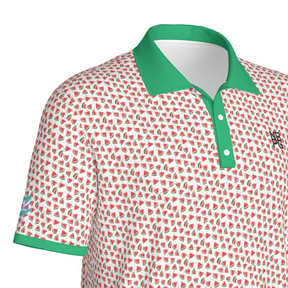 Yoycol Watermelon Wedge Polo shirt featuring a vibrant watermelon pattern and classic polo collar, front view.
