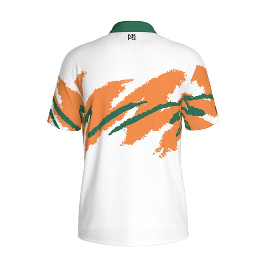 Not Bad Pretty Good Eye of the Storm Jazz golf polo showing a colorful, stylish polo shirt with a vibrant pattern and collar detail.
