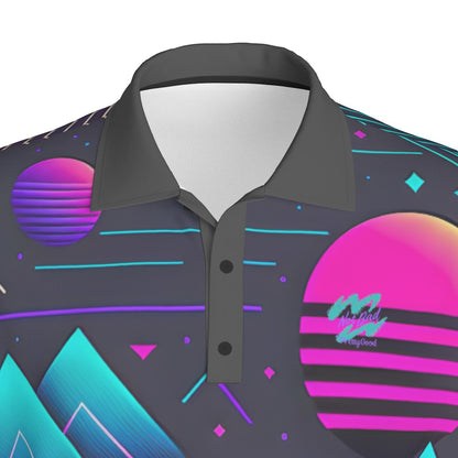 Yoycol Miami Slice Retro Polo shirt with colorful tropical print, short sleeves, and classic polo collar on white fabric.