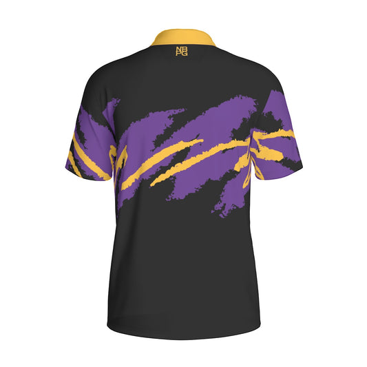 Not Bad Pretty Good Hollywood Nights Jazz Golf Polo shirt in black with colorful embroidered design, short sleeves, and classic collar.
