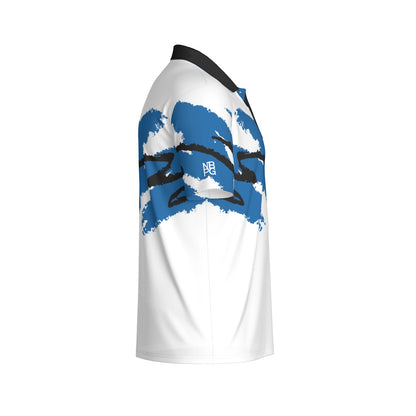White Magic Jazz Golf Polo by Not Bad Pretty Good, showing a close-up of the white polo shirt with a collar and short sleeves.