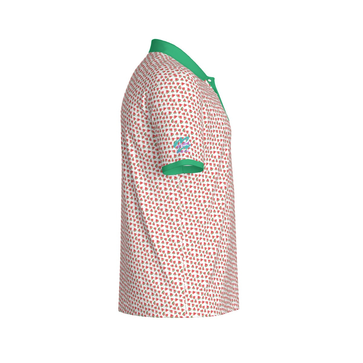 Yoycol Watermelon Wedge Polo shirt with colorful watermelon print, short sleeves, and classic collar on white fabric.