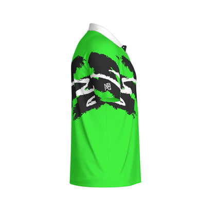Nuclear Jazz golf polo by Not Bad Pretty Good, stylish men's polo shirt with bold design and classic fit, shown on model.