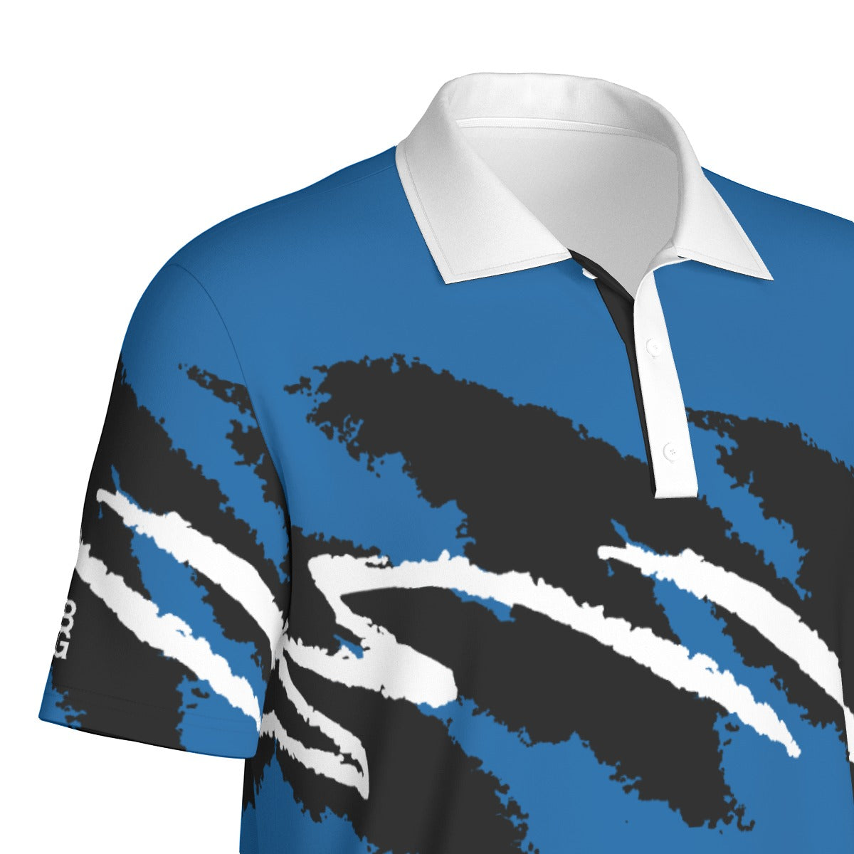 Blue Reign Jazz Golf Polo by Not Bad Pretty Good, close-up of the men's navy blue polo shirt with collar and subtle logo detail.