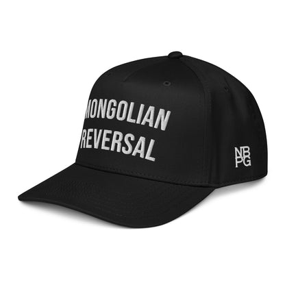 Black Mongolian Reversal 5-Panel golf hat by Not Bad Pretty Good, featuring a mid-profile baseball cap design and front-left view.