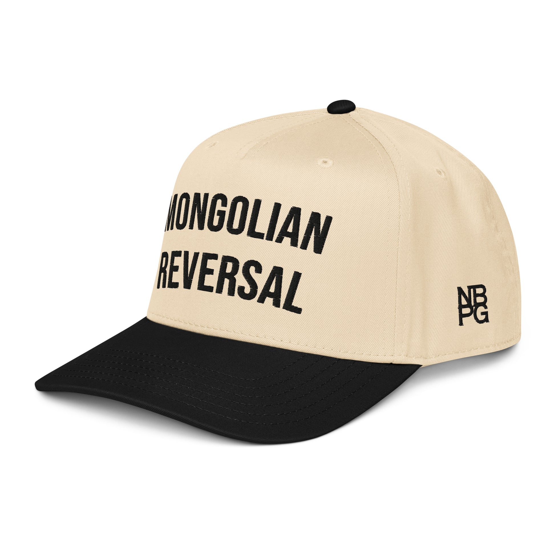 Black Mongolian Reversal 5-Panel Golf Hat by Not Bad Pretty Good, showing front view with natural curved brim