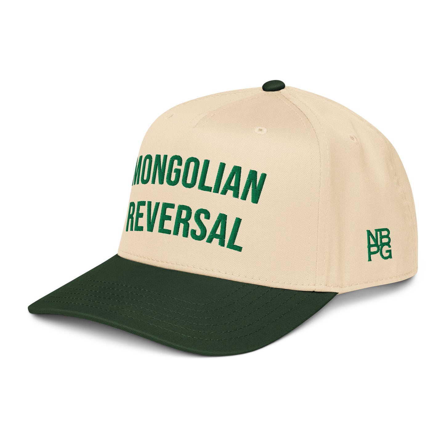 Dark green Mongolian Reversal 5-panel golf hat by Not Bad Pretty Good, featuring a mid-profile baseball cap design from the front left.