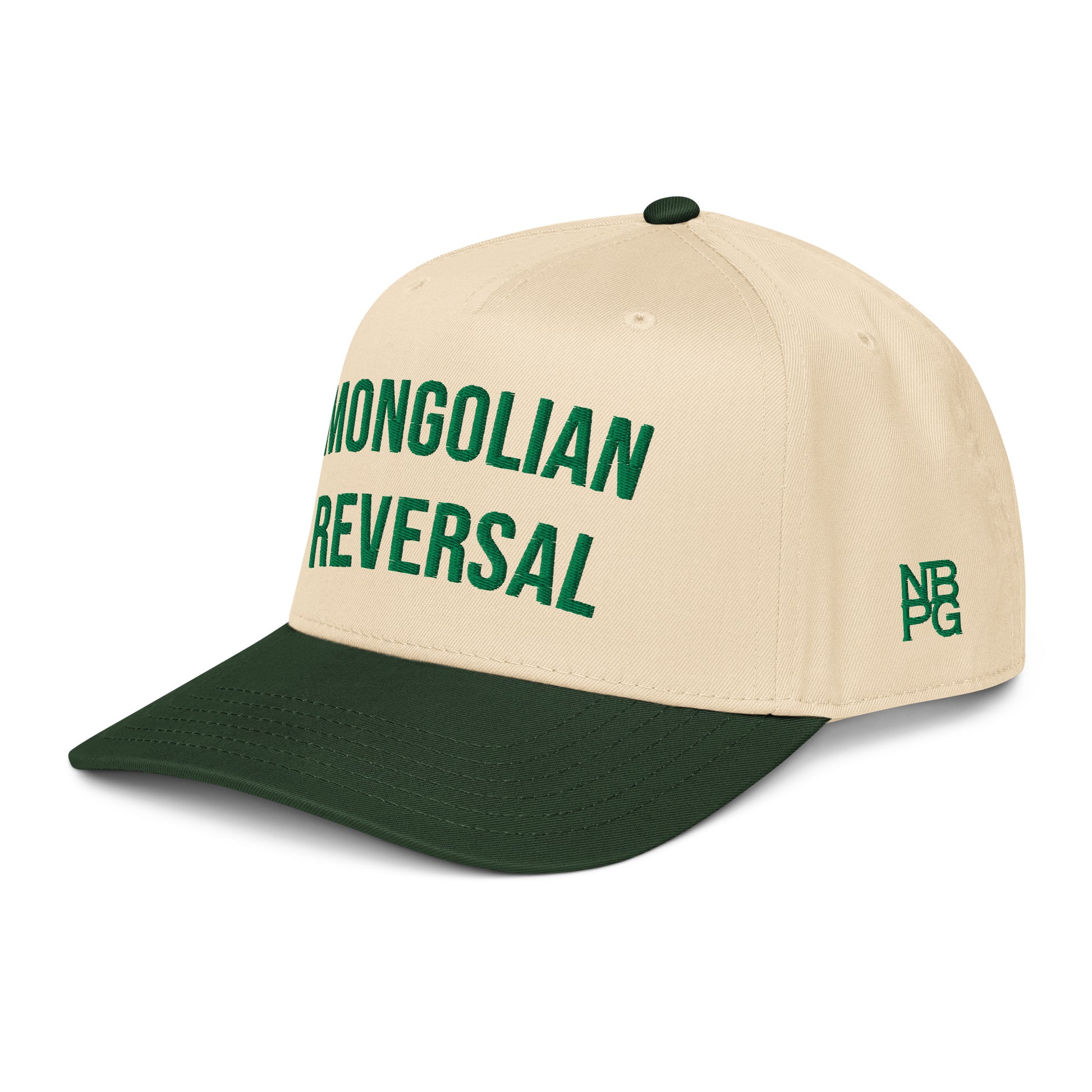 Dark green Mongolian Reversal 5-panel golf hat by Not Bad Pretty Good, featuring a mid-profile baseball cap design from the front left.