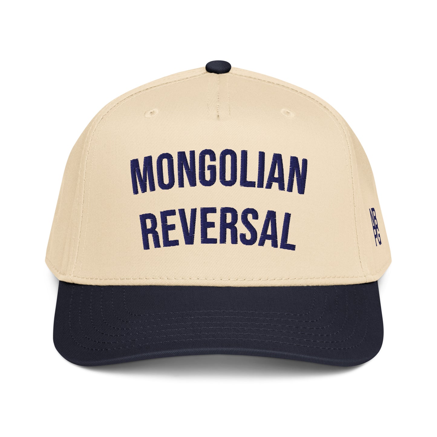Navy and natural-colored Mongolian Reversal 5-Panel golf hat by Not Bad Pretty Good, front view showing stylish baseball cap design.