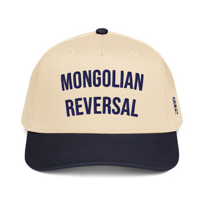 Navy and natural-colored Mongolian Reversal 5-Panel golf hat by Not Bad Pretty Good, front view showing stylish baseball cap design.