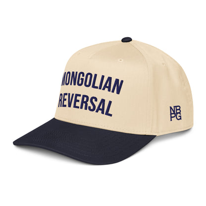 Navy and natural-colored Mongolian Reversal 5-Panel Golf Hat by Not Bad Pretty Good, showing front and side view.