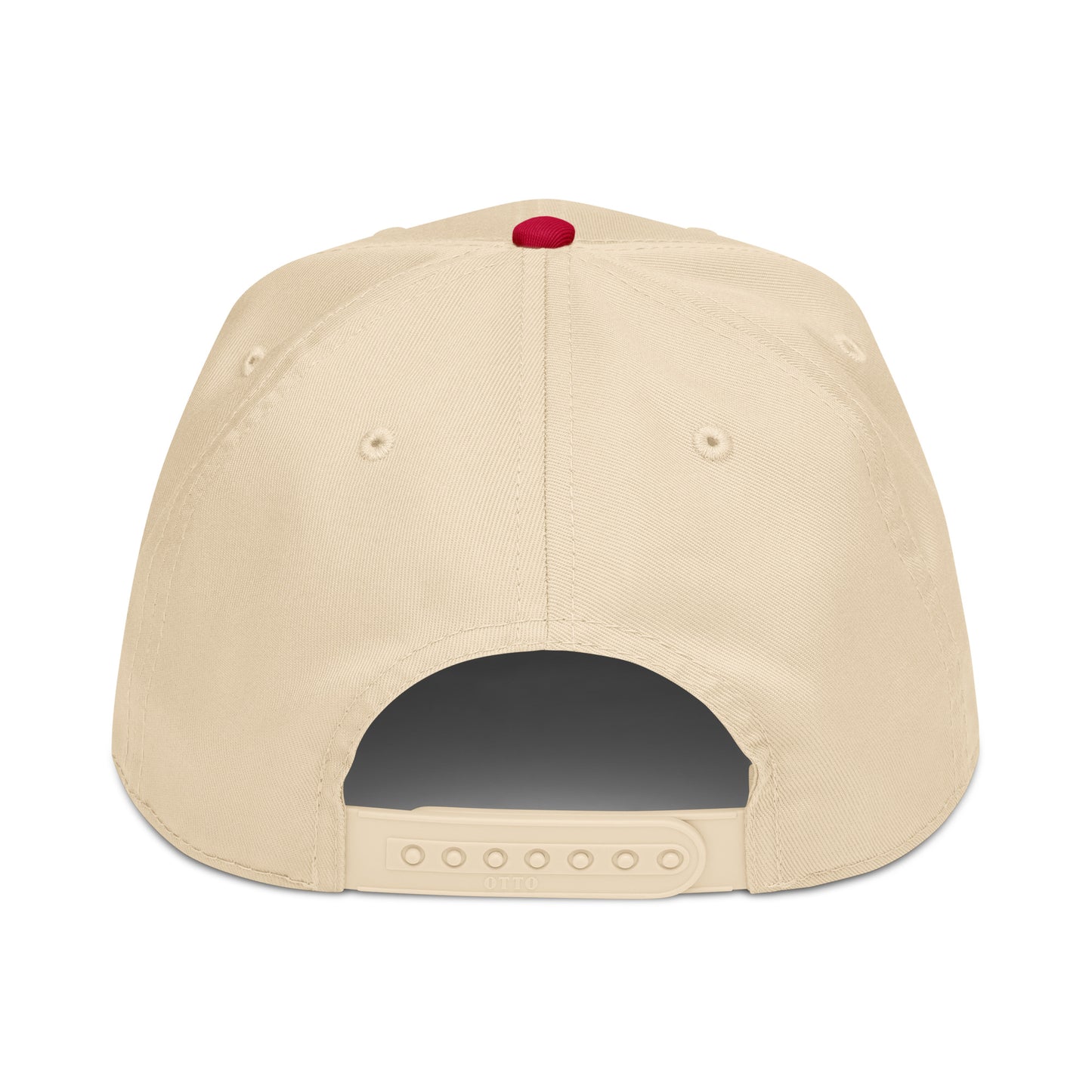 Red 5-panel baseball cap with natural back and "Lip-N-Out Bogey Golf Hat" branding, casual golf hat by Not Bad Pretty Good.