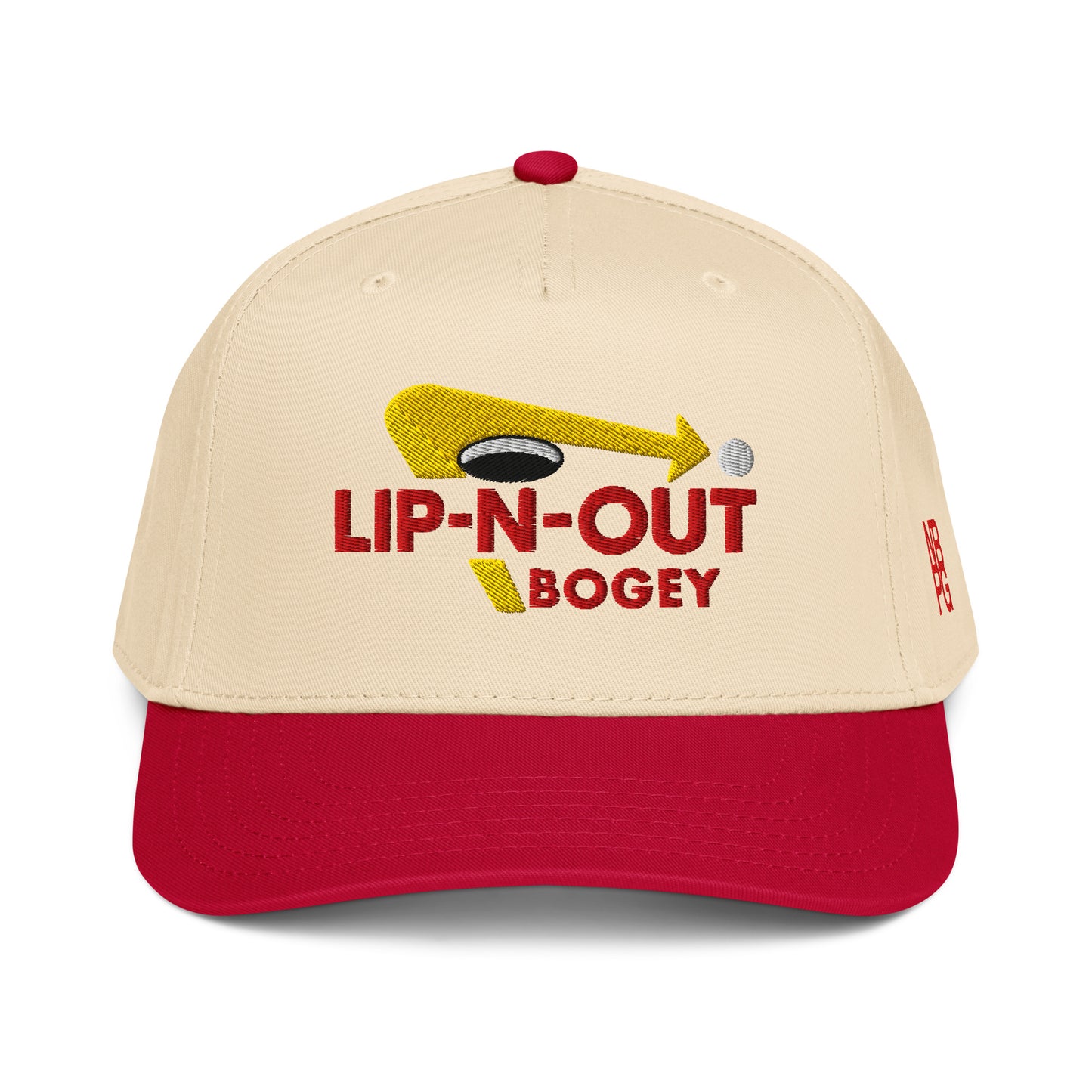 Red and natural 5-panel baseball cap from Not Bad Pretty Good, featuring a mid-profile golf hat design with a bold style.