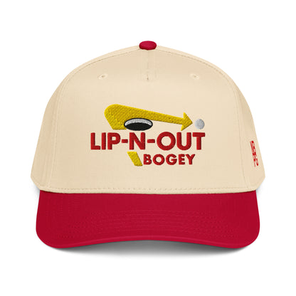 Red and natural 5-panel baseball cap from Not Bad Pretty Good, featuring a mid-profile golf hat design with a bold style.