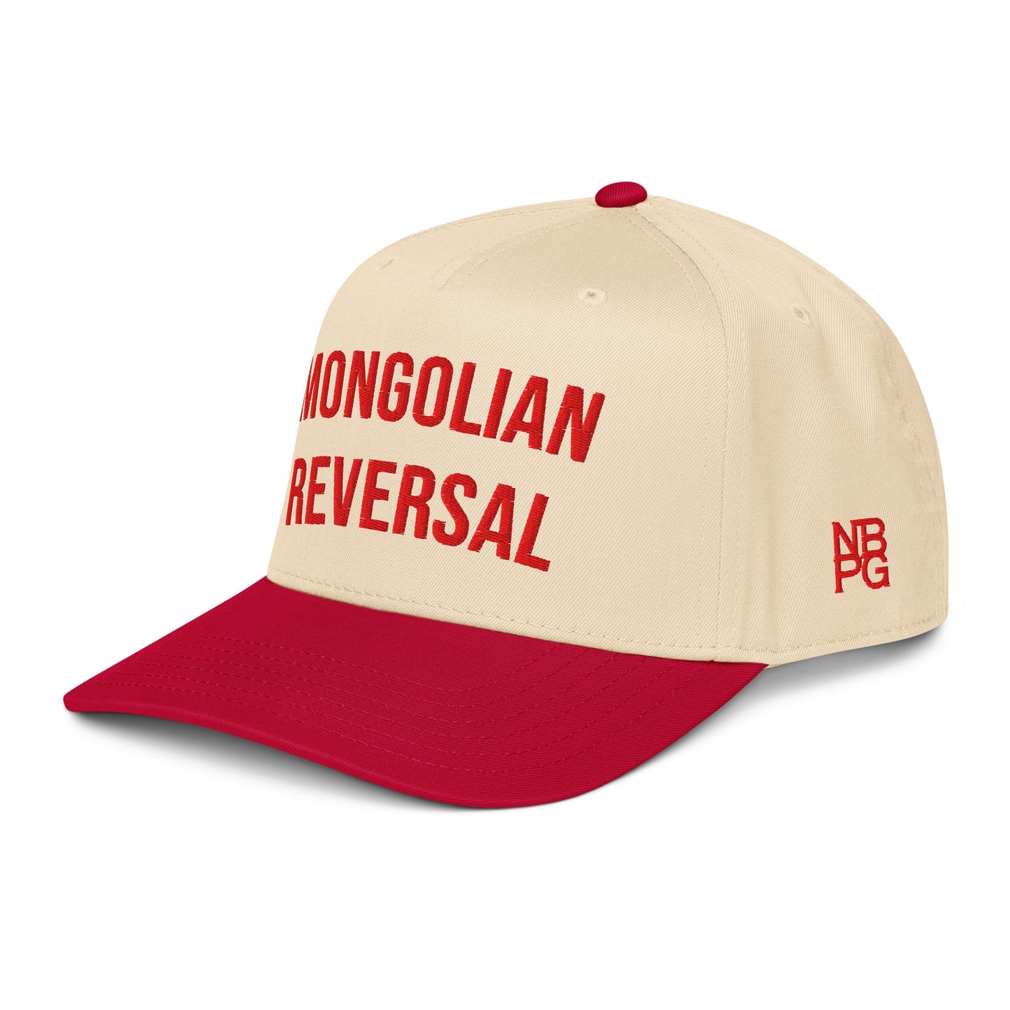 Red Mongolian Reversal 5-Panel Golf Hat by Not Bad Pretty Good featuring a mid-profile baseball cap design, front view.