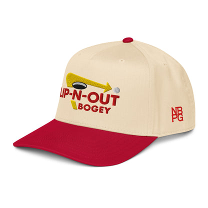 Red Not Bad Pretty Good Lip-N-Out Bogey golf hat, 5-panel baseball cap with mid-profile design, viewed from the front left.