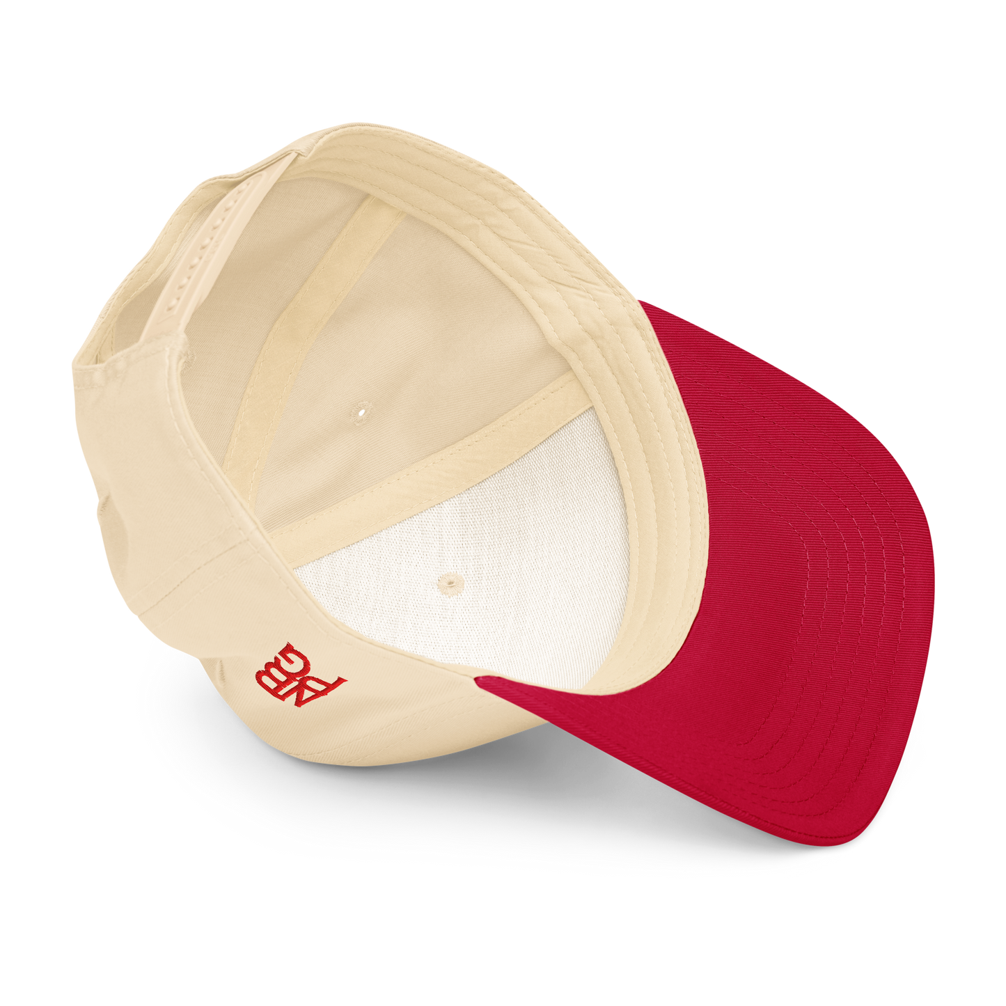 Red and natural 5-panel baseball cap from Not Bad Pretty Good featuring a mid-profile golf hat design with "Lip-N-Out Bogey" detail.