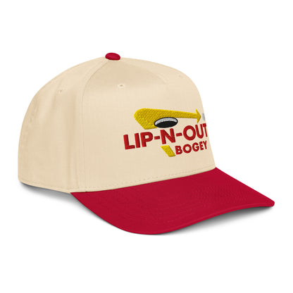 Red Not Bad Pretty Good Lip-N-Out Bogey golf hat, 5-panel baseball cap with mid-profile design and natural front view.