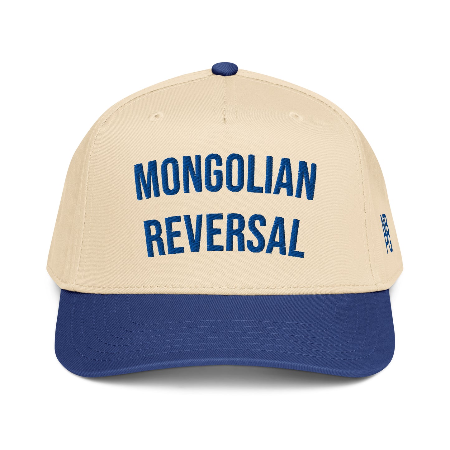 Mongolian Reversal 5-Panel golf hat by Not Bad Pretty Good in royal and natural colors, front view showing stylish baseball cap design