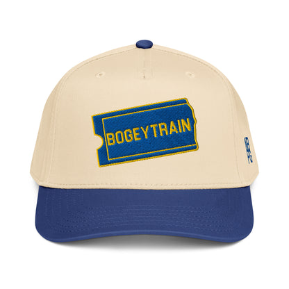 Not Bad Pretty Good Bogey Train golf hat, 5-panel baseball cap in royal blue and natural colors with front logo detail.