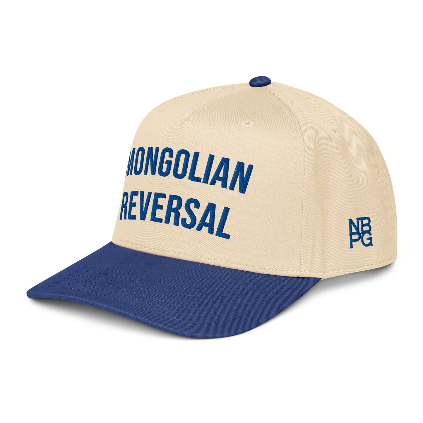 Royal blue Mongolian Reversal 5-panel golf hat by Not Bad Pretty Good, front view showing the baseball cap's design and natural fabric.