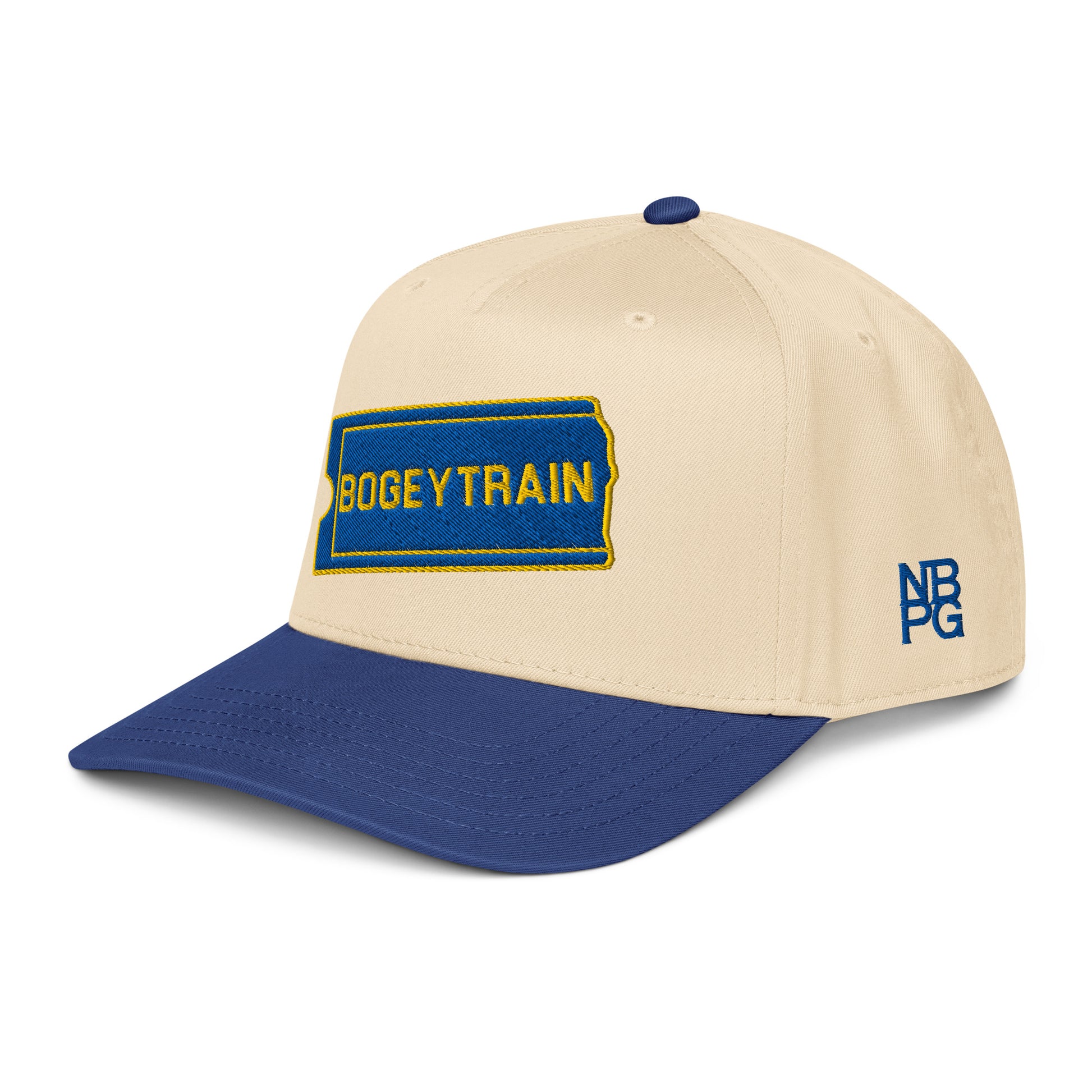 Not Bad Pretty Good Bogey Train golf hat, 5-panel royal blue and natural baseball cap with a mid-profile design, left front view.