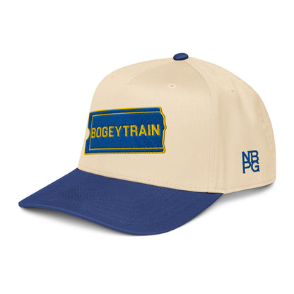 Not Bad Pretty Good Bogey Train golf hat, 5-panel royal blue and natural baseball cap with a mid-profile design, left front view.