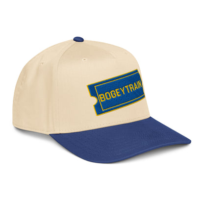 Not Bad Pretty Good Bogey Train golf hat, 5-panel royal blue baseball cap with natural accents, front view.