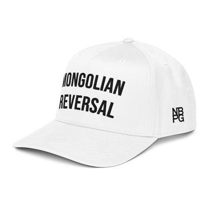 White Mongolian Reversal 5-Panel Golf Hat by Not Bad Pretty Good, showing front and side view of the stylish baseball cap.