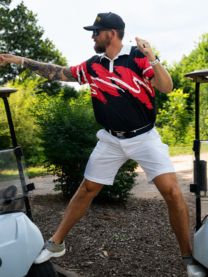Black Yoycol After Hours Jazz Golf Polo displaying a sleek design with subtle jazz-inspired patterns on the fabric.