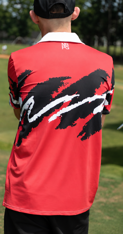 Red Yoycol Gameday Jazz golf polo shirt with team logo and athletic fit, perfect for sports and casual wear.