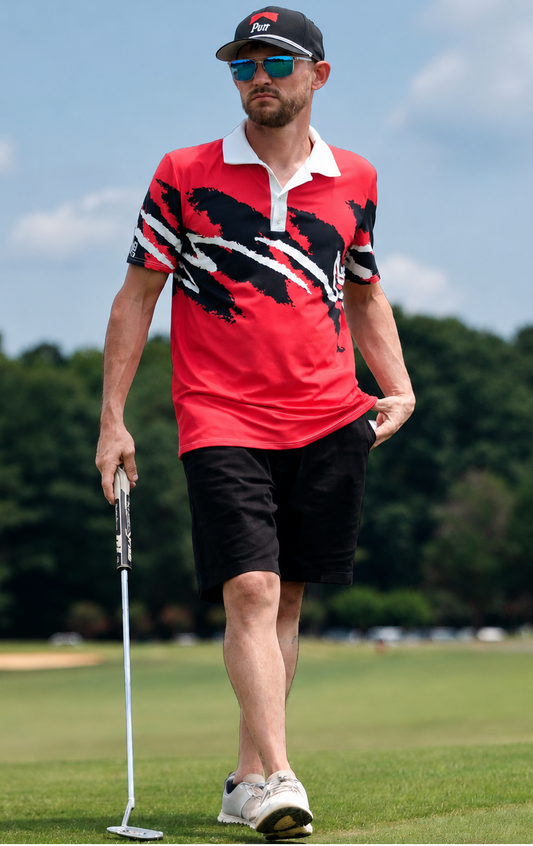 Red Yoycol Gameday Jazz golf polo shirt with athletic fit and subtle Jazz logo, designed for comfortable sport style.