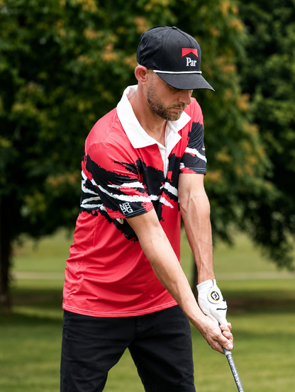 Red Gameday Jazz Golf Polo by Yoycol featuring a classic fit and vibrant design, perfect for casual golf and sportswear.