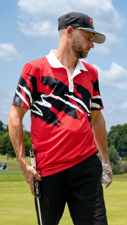 Red Yoycol Gameday Jazz golf polo shirt with embroidered logo, tailored fit, and breathable fabric for athletic comfort.