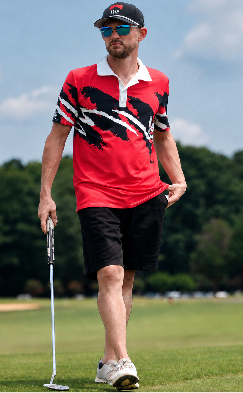 Red Gameday Jazz Golf Polo by Yoycol with a fixed white hat, showcasing sporty design and vibrant red color.