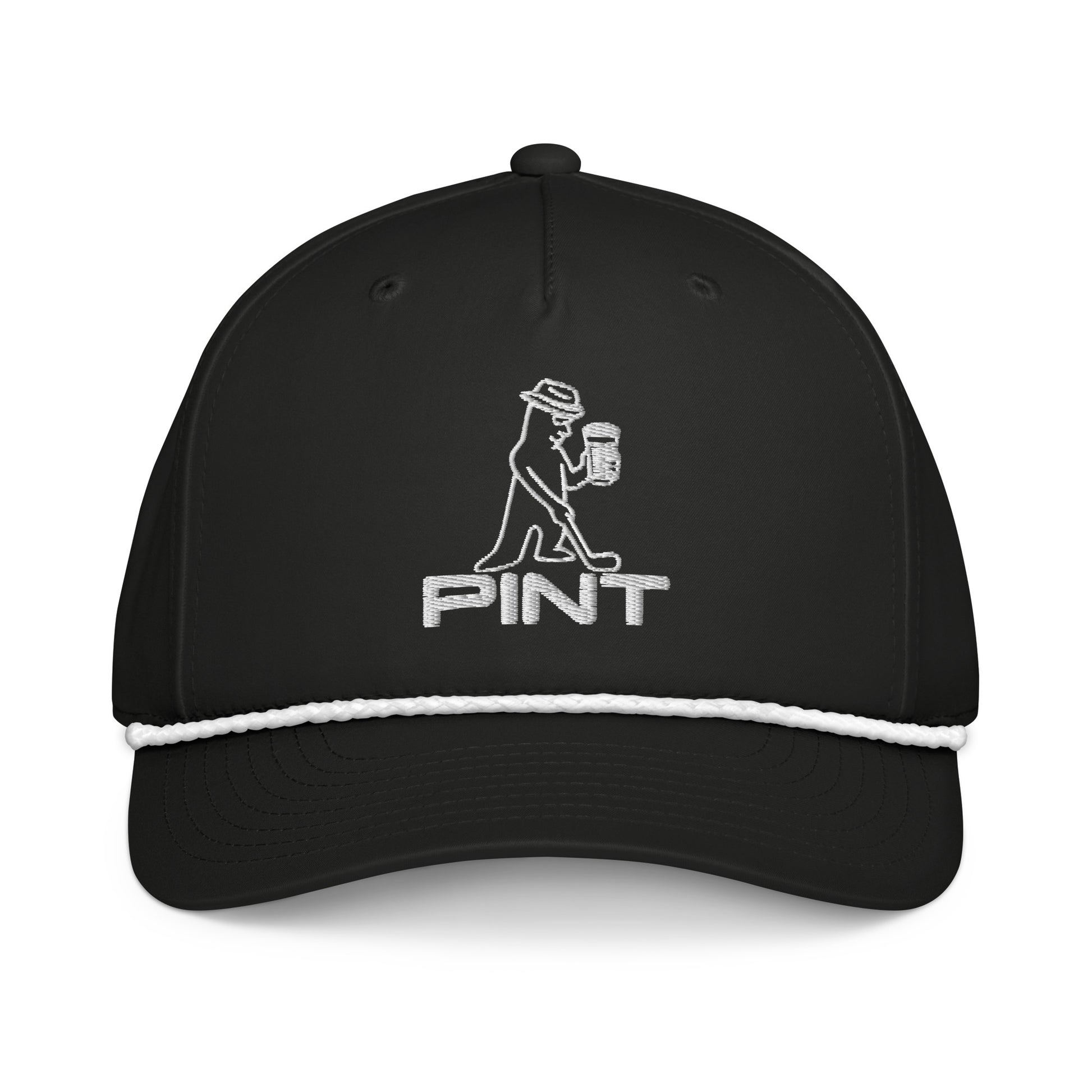 Black and white PINT Golf Rope Hat by Not Bad Pretty Good featuring a classic rope design and front view.
