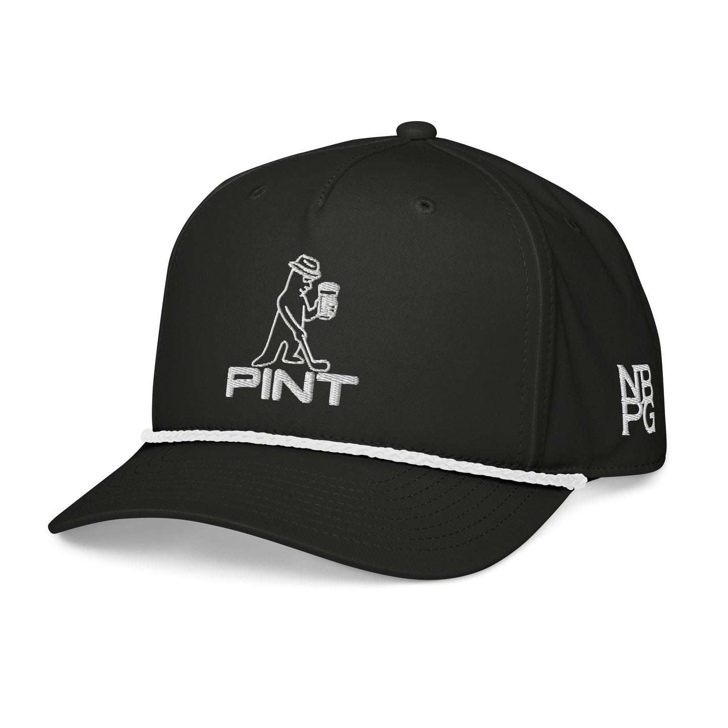 Black and white PINT Golf Rope Hat by Not Bad Pretty Good featuring a classic rope design, worn on the left front.