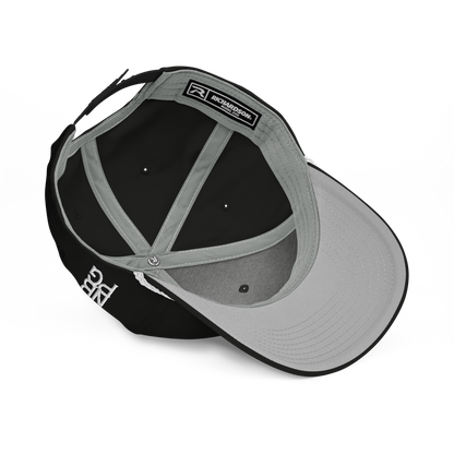 Black and white inverted golf hat by Not Bad Pretty Good featuring classic rope design and casual sporty style.