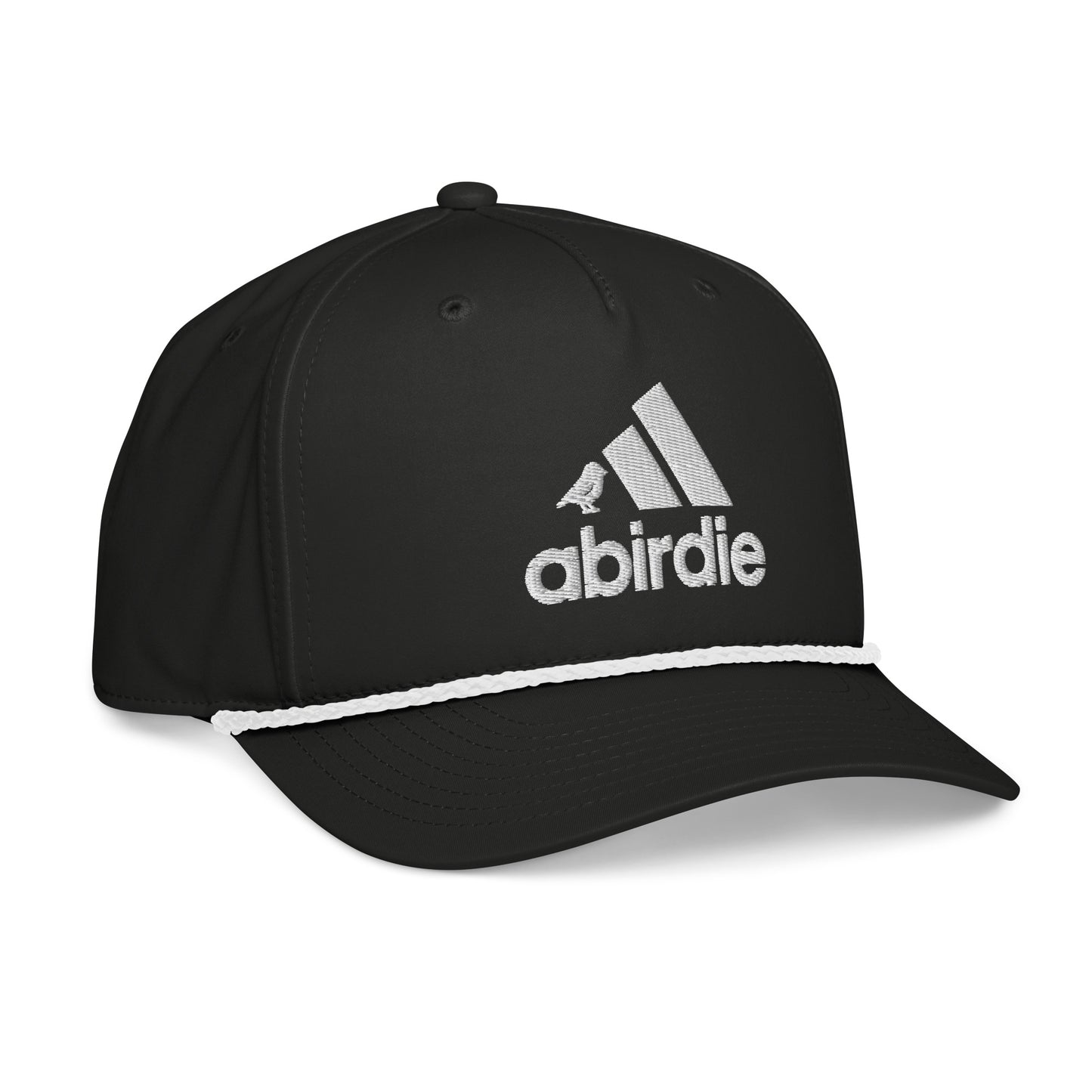 Black and white Birdie Golf Rope Hat by Not Bad Pretty Good featuring a classic rope design, worn on the right front.