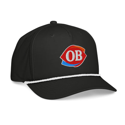 Black and white OB Golf Rope Hat by Not Bad Pretty Good, showing the classic rope detail from a right front angle
