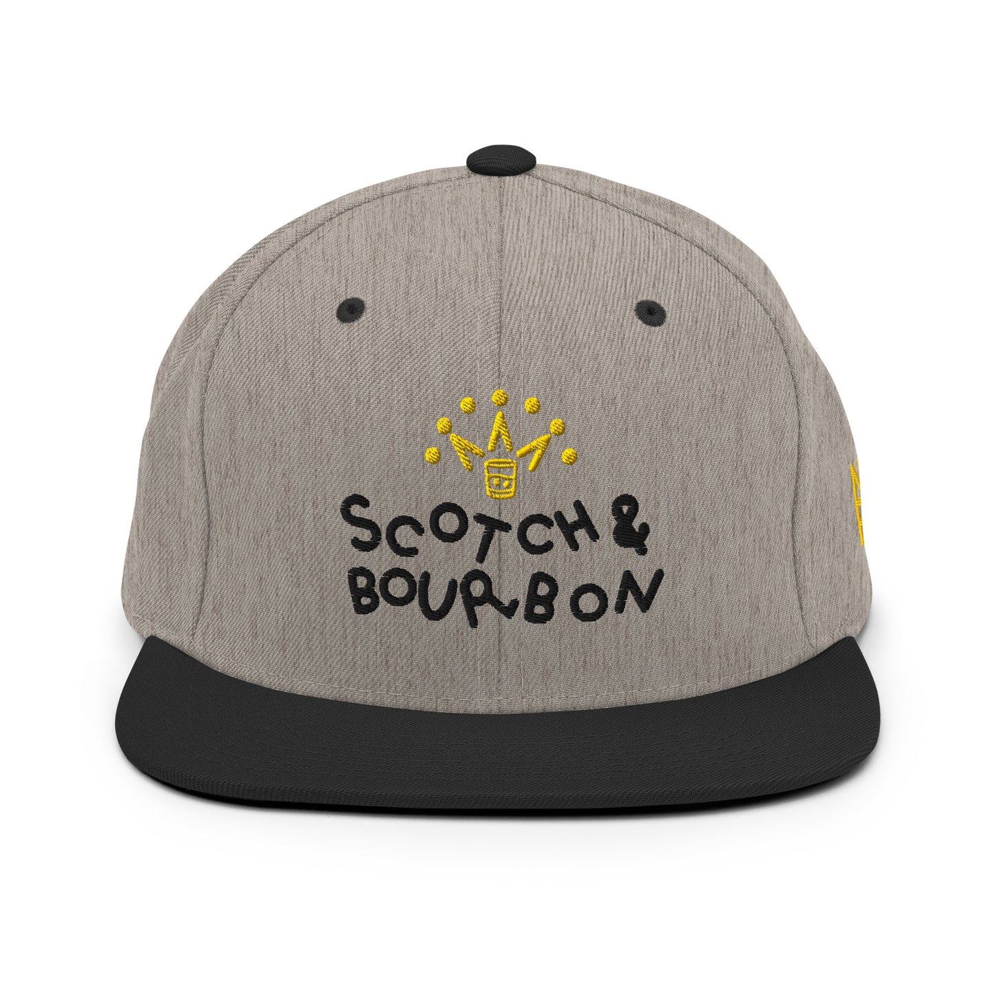 Heather black Scotch & Bourbon golf snapback hat by Not Bad Pretty Good with front logo and adjustable strap.