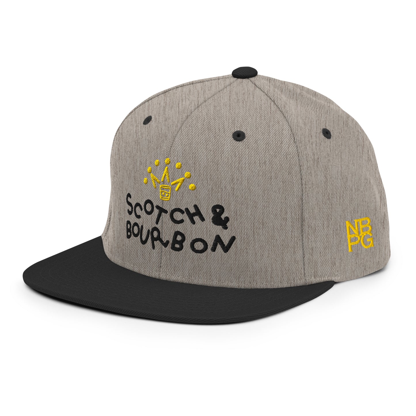 Heather black Scotch & Bourbon Golf snapback hat by Not Bad Pretty Good, featuring classic design and adjustable front panel.